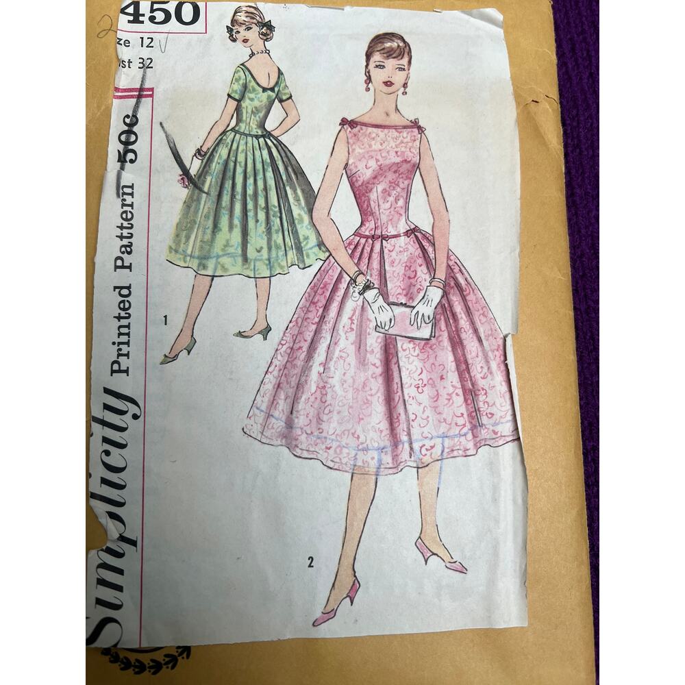 Simplicity 2450 pattern dress circle skirt boat neck 1950s size 12